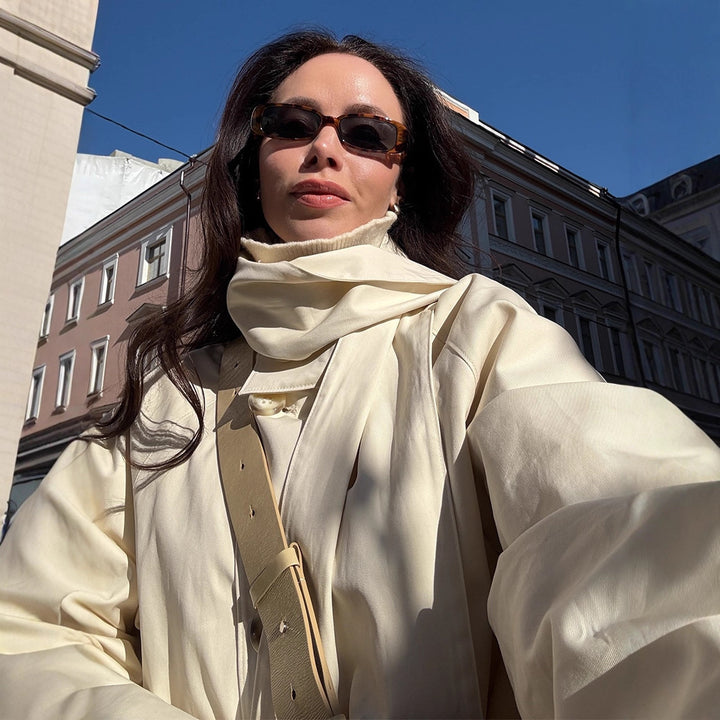 Damen Kurzer Oversize-Trench mit hohem Stehkragen, verdeckter Knopfleiste & weiten Manschetten Drune