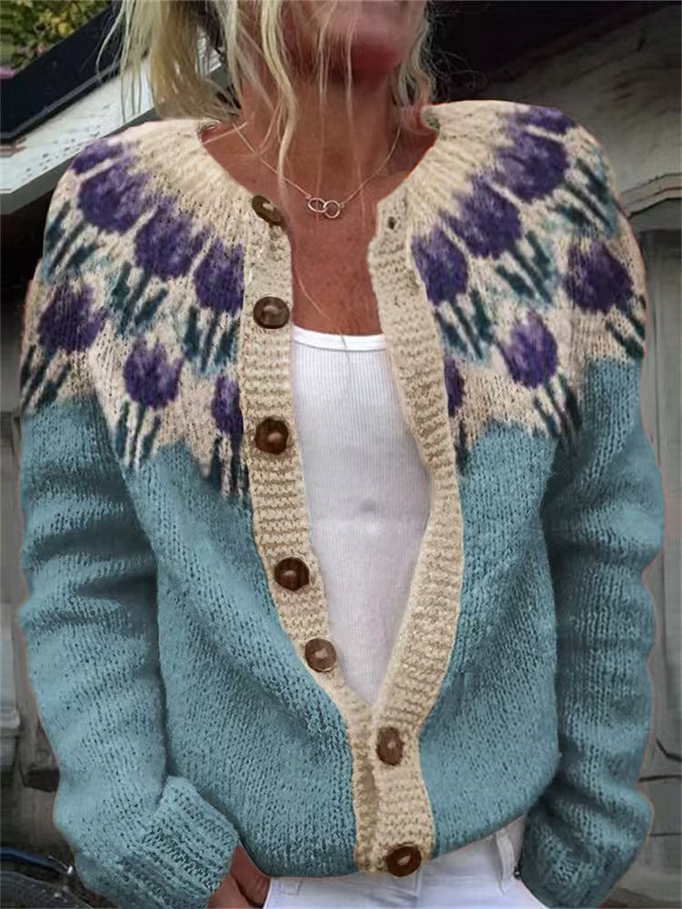 Damen nan gemusterte Strickjacke mit Rundpasse, Holzknöpfen und Eingrifftaschen Drune