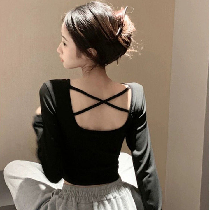 Damen langärmliges Crop-Top mit criss-cross Rücken und elegantem V-Ausschnitt