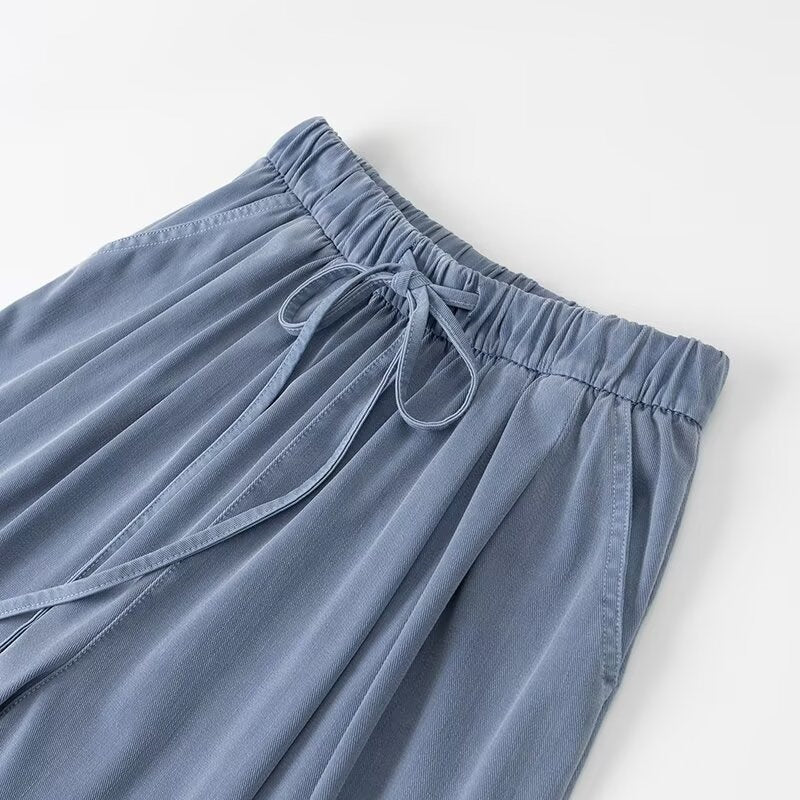 Damen Weite Palazzo‑Hose mit hohem Elastbund, Tunnelzug und Eingrifftaschen Drune
