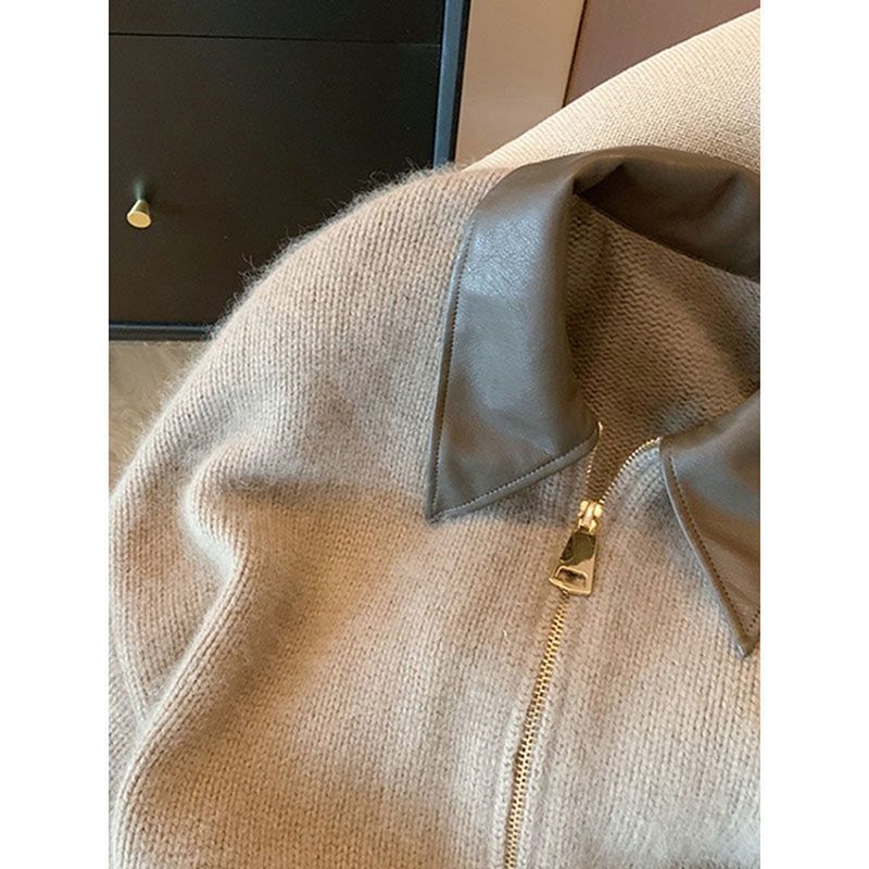 Damen Strickjacke mit Lederkragen Drune