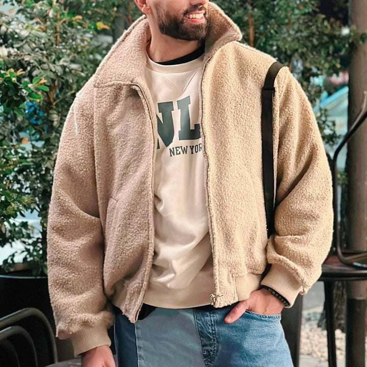 Herren Teddy-Fleece-Blouson mit Reißverschluss, Stehkragen und Rippbündchen Drune