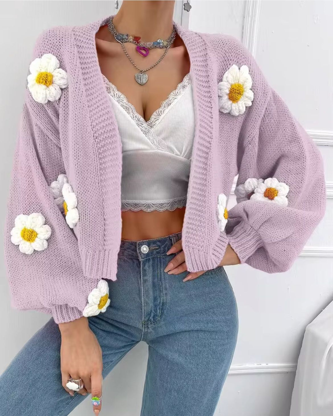 Damen Kurzgeschnittener Grobstrick-Cardigan mit 3D-Blütenapplikationen Drune