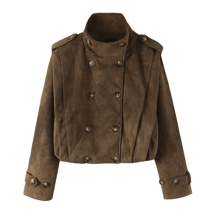 Damen Kurze Doppelreihige Velourslederjacke mit Stehkragen und Epauletten Drune