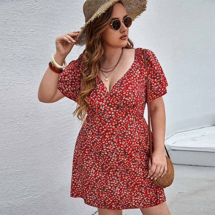 Damen Blütensommerkleid mit V-Ausschnitt und lockeren Ärmeln Drune