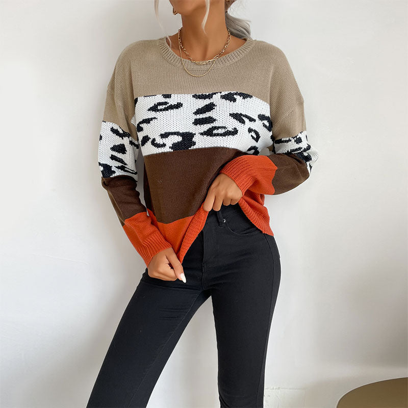 Damen Colorblock Strickpullover mit Leopardenprint-Einsatz und lässiger Oversize-Passform Drune