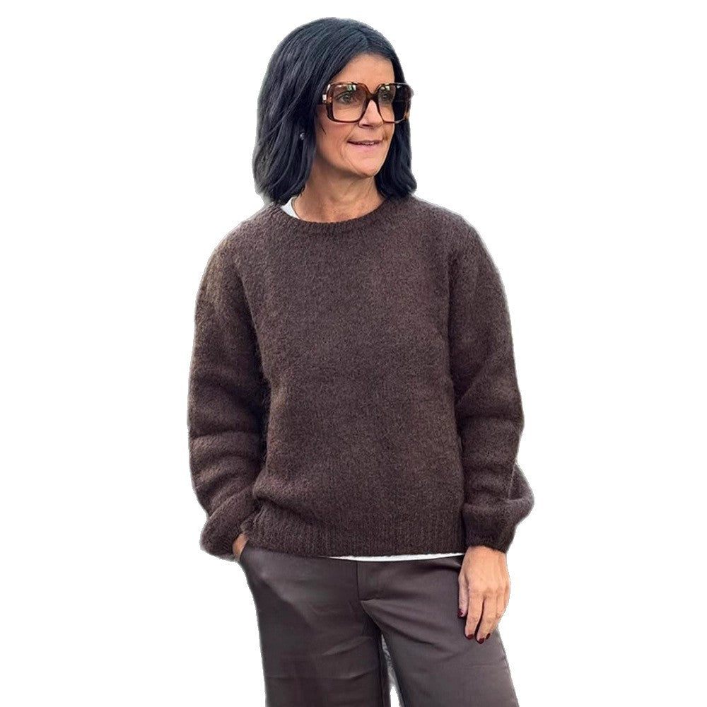 Damen Flauschiger Rundhals-Pullover mit Ballonärmeln und kastiger Silhouette Drune