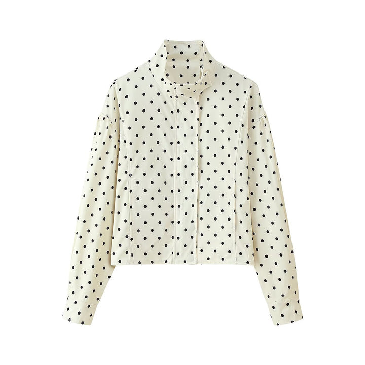 Damen 700+ Kurz geschnittene Blousonjacke mit Stehkragen, Glockenärmeln und Tupfenmuster Drune