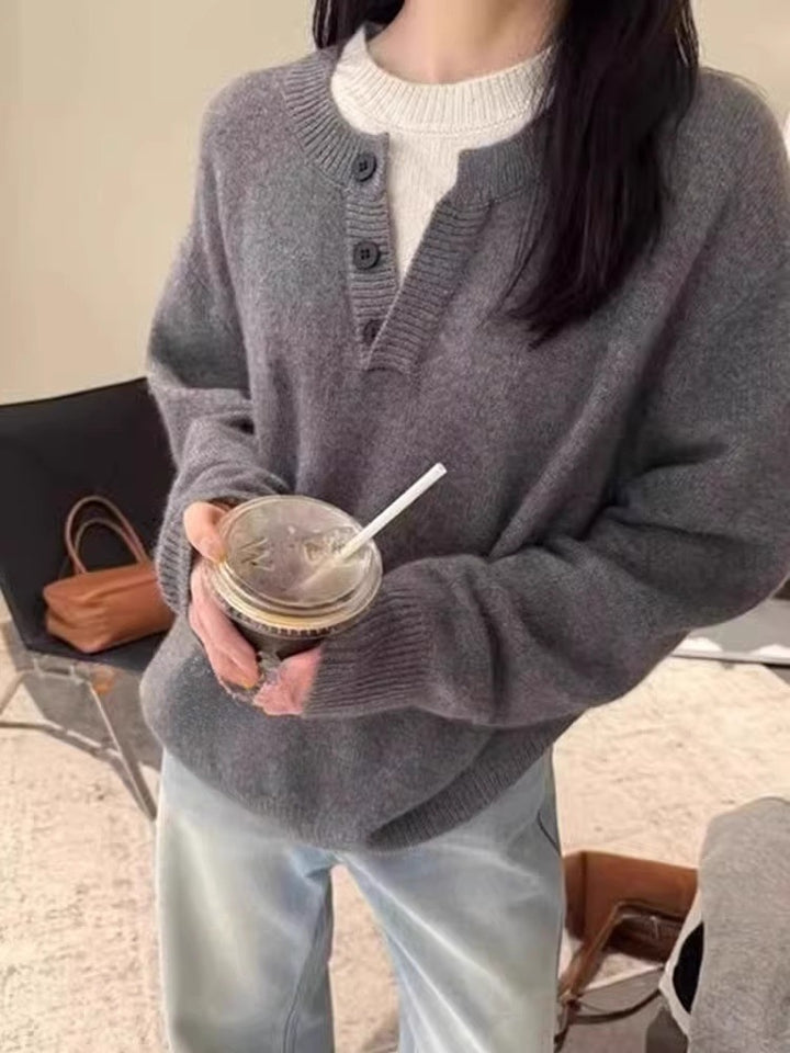 Damen Oversize-Henley-Pullover aus flauschigem Mohair‑Look mit Knopfleiste Drune