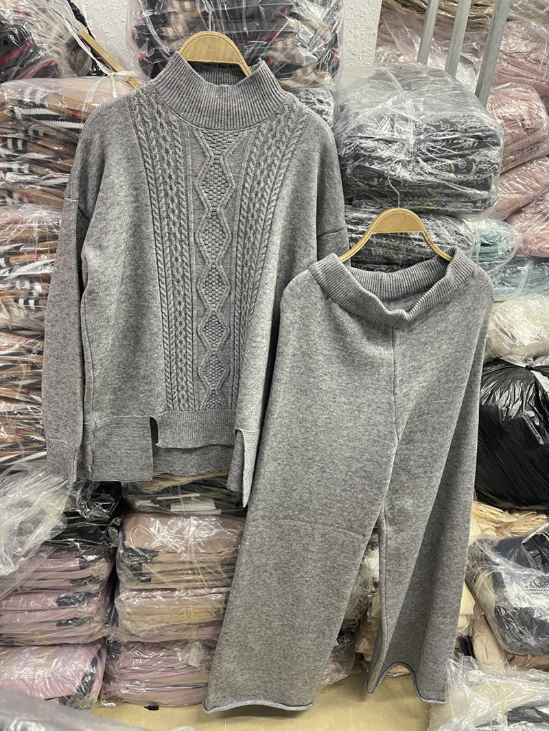 Damen eleganter Strickanzug mit hohem Kragen und farbenfrohem Muster Drune