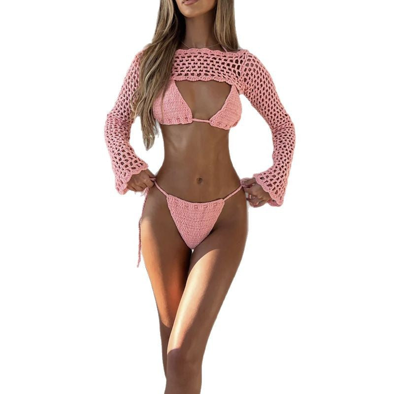 Damen elegantes gehäkeltes Bikini-Set mit durchbrochenem Oberteil und verstellbaren Trägern Drune