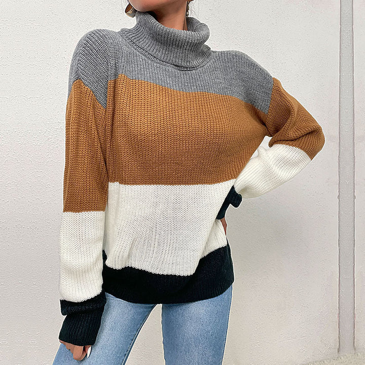 Damen Rollkragen-Colorblock-Pullover aus Grobstrick Drune