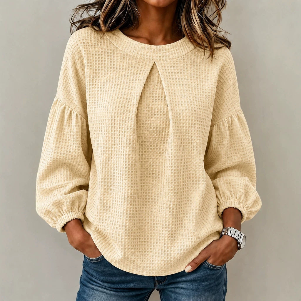 Damen Waffelstrick-Longsleeve mit Balloonärmeln und Vordernaht-Schlitz Drune