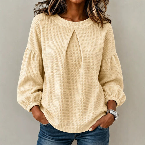 Damen Waffelstrick-Longsleeve mit Balloonärmeln und Vordernaht-Schlitz Drune