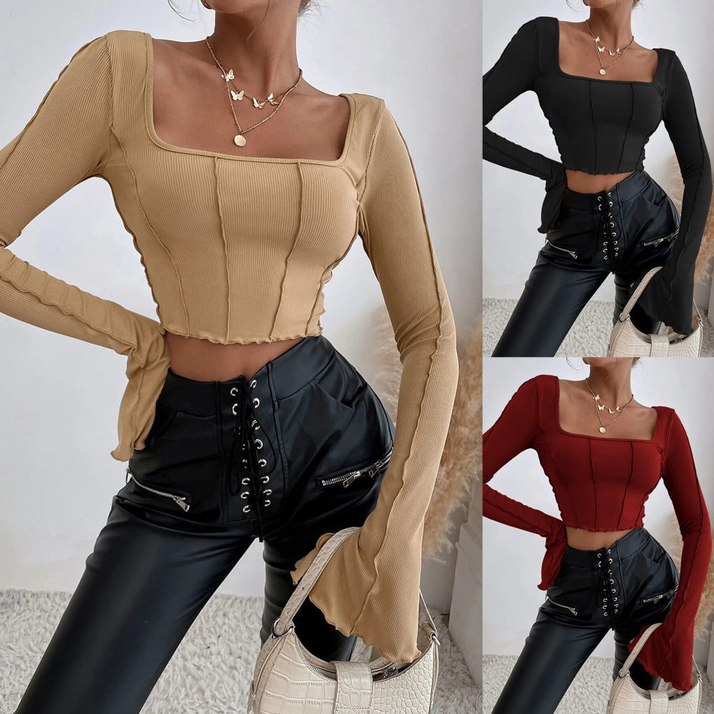 Damen Couture Crop-Top mit quadratischem Ausschnitt und langen Ärmeln Drune