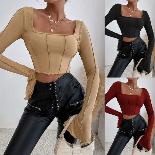 Damen Couture Crop-Top mit quadratischem Ausschnitt und langen Ärmeln Drune