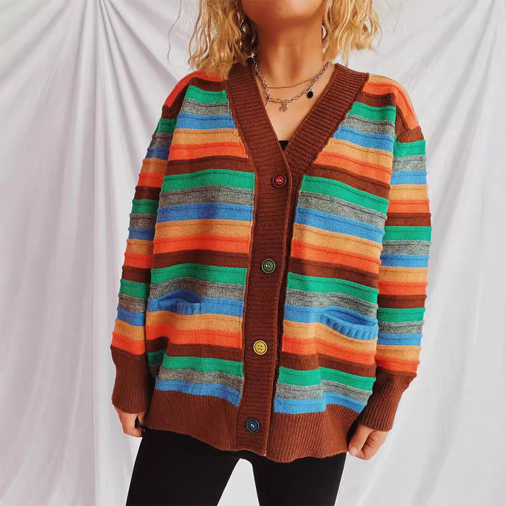 Damen lässige Strickjacke mit buntem Streifenmuster und lockerer Passform Drune