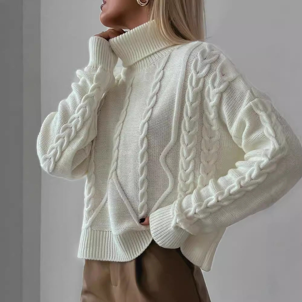 Damen Grobstrick-Rollkragenpullover mit Zopfstrick-Details Drune