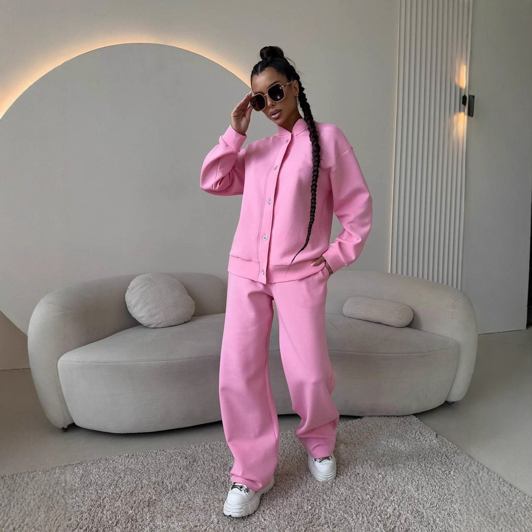 Damen Zweiteiliges Loungewear-Set mit Stehkragen, dekorativen Schmuckknöpfen und weitem Palazzo-Hosenbein Drune