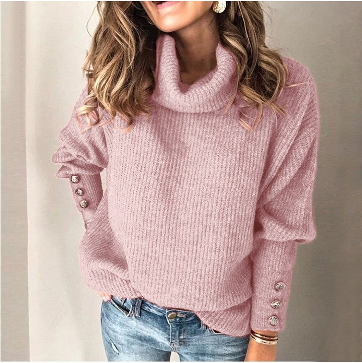 Damen Oversize-Rollkragenpullover mit Rippstruktur und Zierknopfleiste Drune