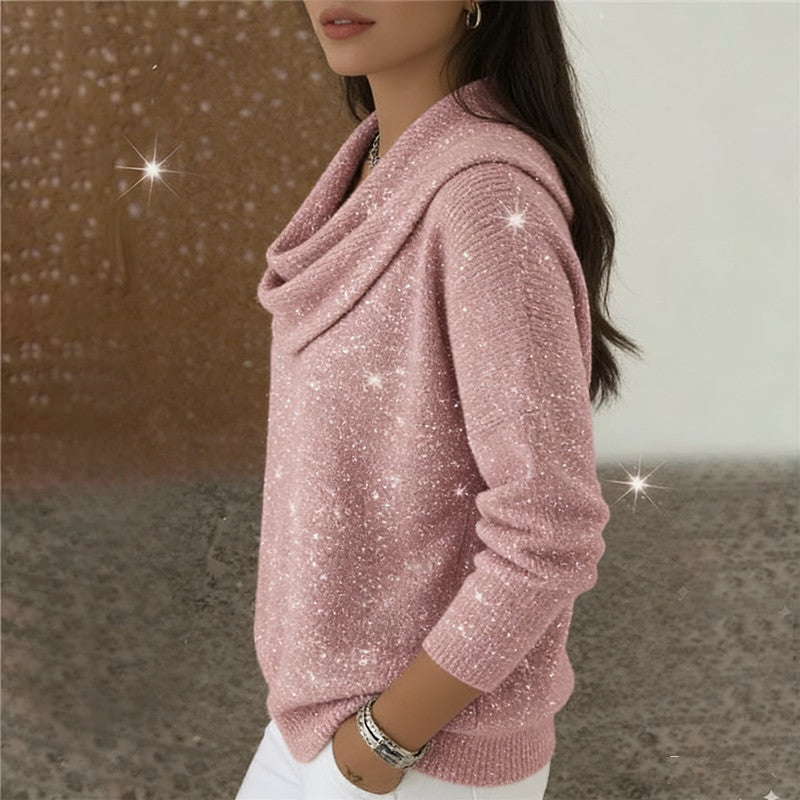 Damen Glitzernder Strickpullover mit Wasserfall-Ausschnitt Drune