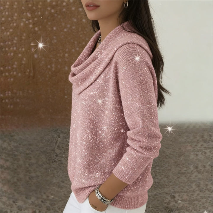 Damen Glitzernder Strickpullover mit Wasserfall-Ausschnitt Drune