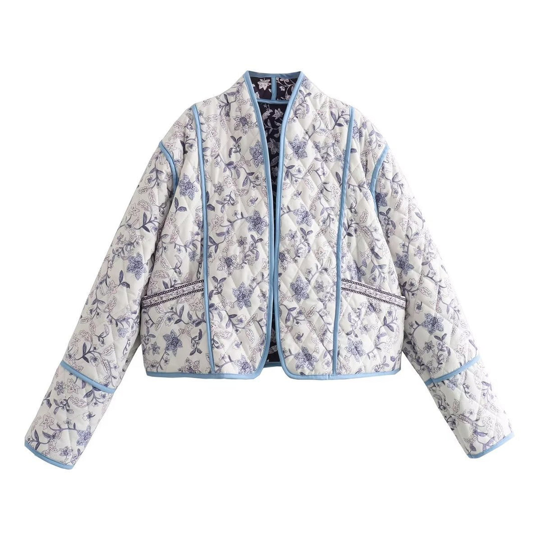 Damen Gestepptes Cropped-Steppjacke mit floralem Allovermuster und kontrastierender Paspelierung Drune
