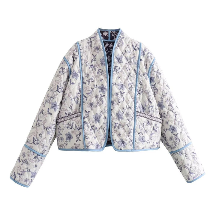 Damen Gestepptes Cropped-Steppjacke mit floralem Allovermuster und kontrastierender Paspelierung Drune