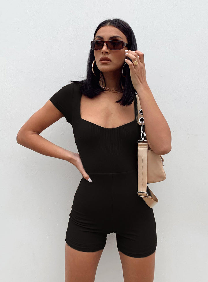 Damen figurbetonter Jumpsuit mit Quadrat-Ausschnitt und kurzem Arm Drune