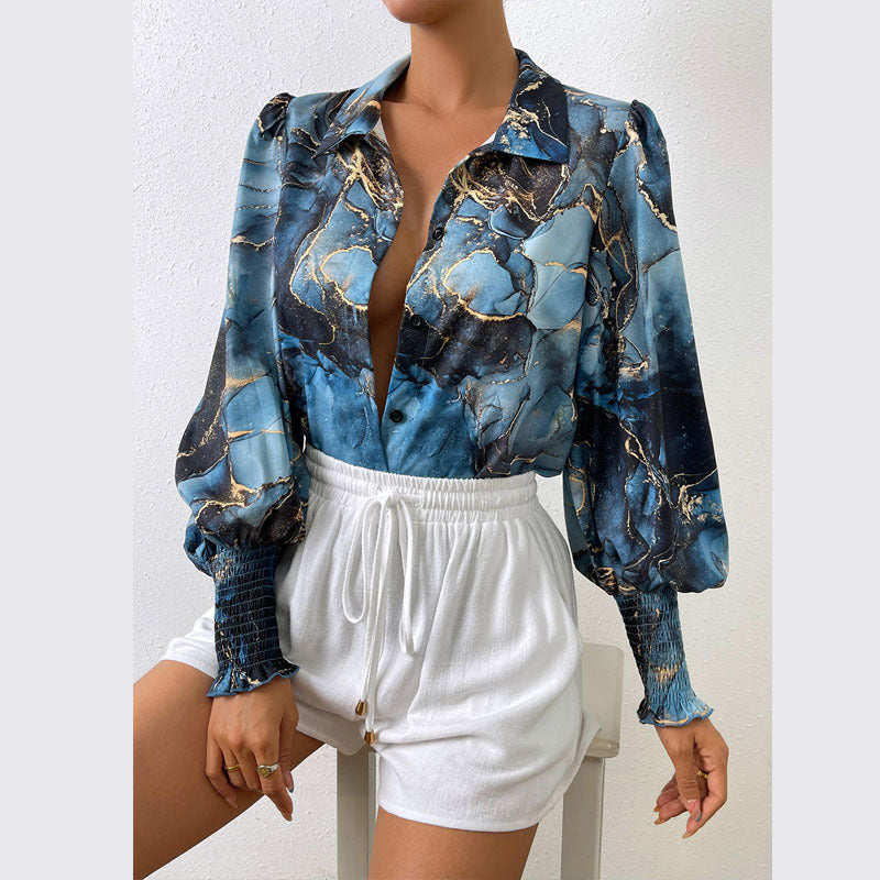 Damen Bluse mit Puffärmeln und marbled Design Drune