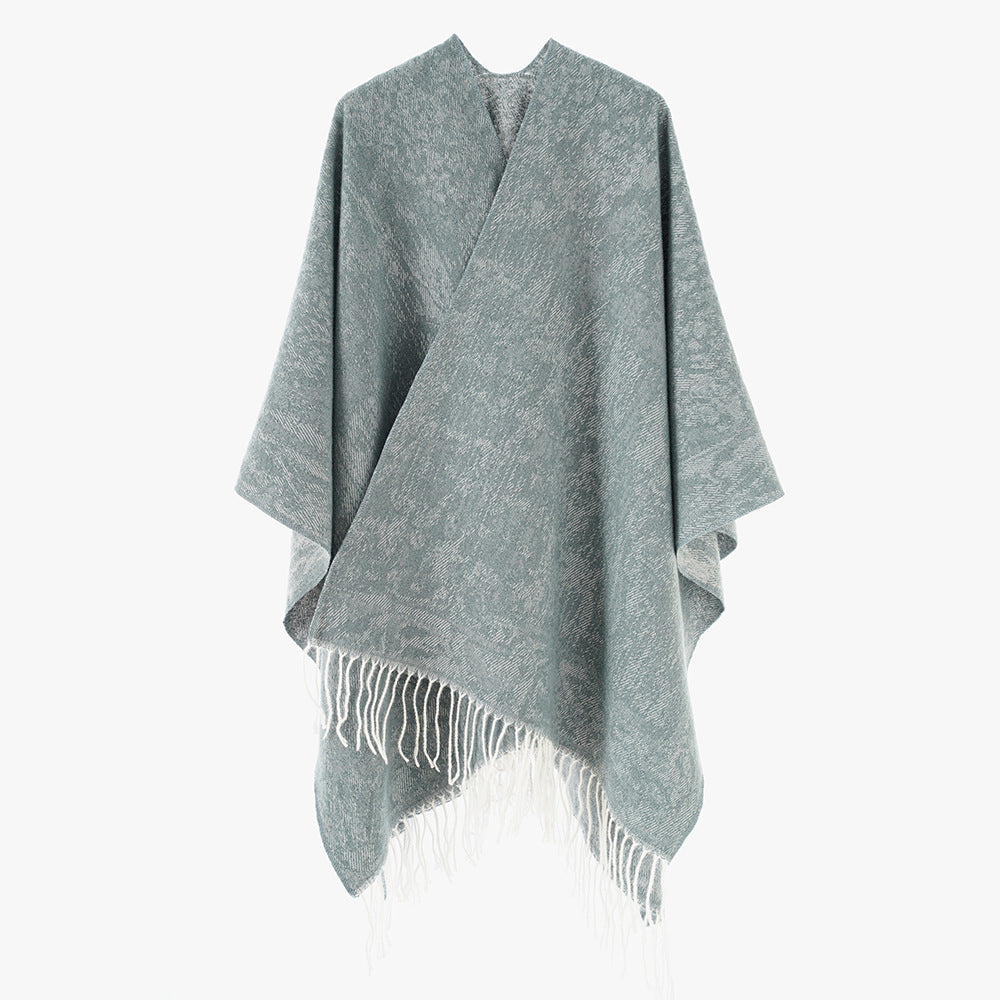 Damen Poncho aus Wollmisch-Strick mit Fransen und weitem Oversize-Schnitt Drune