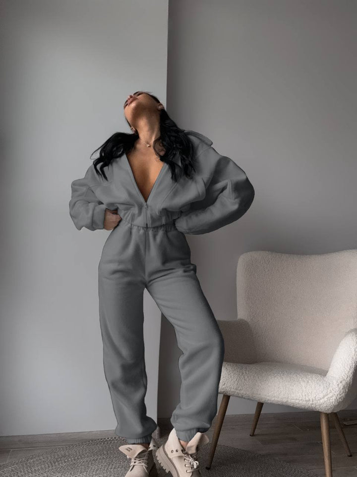 Damen kurzes Reißverschluss-Hoodie mit elastischem Bund und schmal zulaufender High-Waist-Jogginghose aus schwerem French-Terry Drune