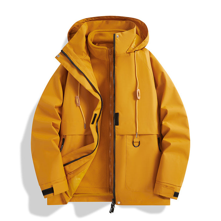 Herren Mehrlagige Softshell-Utilityjacke mit integriertem Fleece-Innenjackett, Kordelzugkapuze und Multifunktions-Taschen Drune