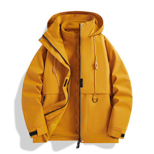 Herren Mehrlagige Softshell-Utilityjacke mit integriertem Fleece-Innenjackett, Kordelzugkapuze und Multifunktions-Taschen Drune