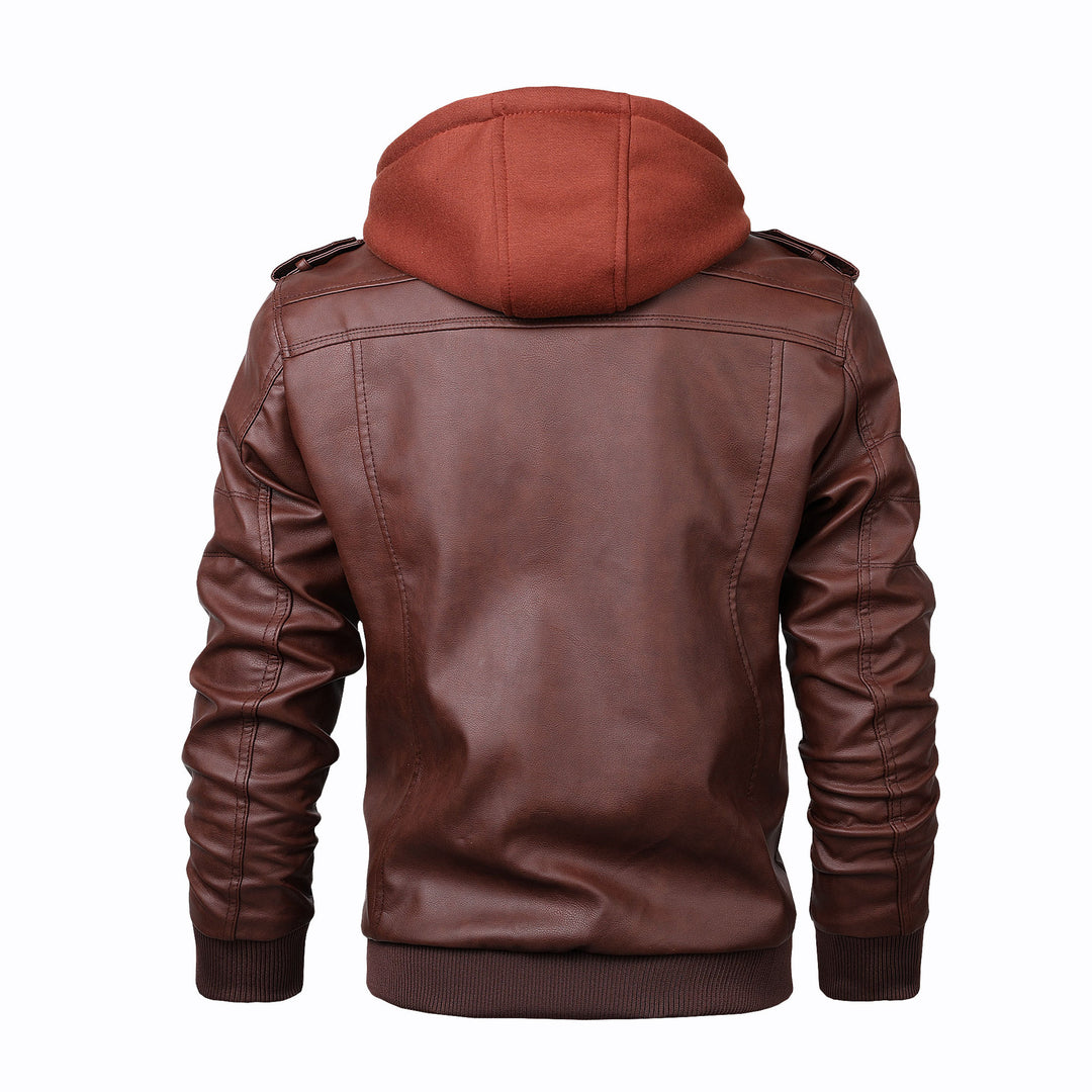 Herren Lederoptik-Utility-Jacke mit Kapuze, Reißverschlusstaschen und Rippbündchen Drune