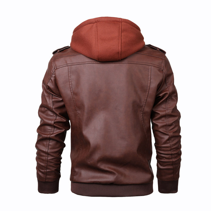 Herren Lederoptik-Utility-Jacke mit Kapuze, Reißverschlusstaschen und Rippbündchen Drune