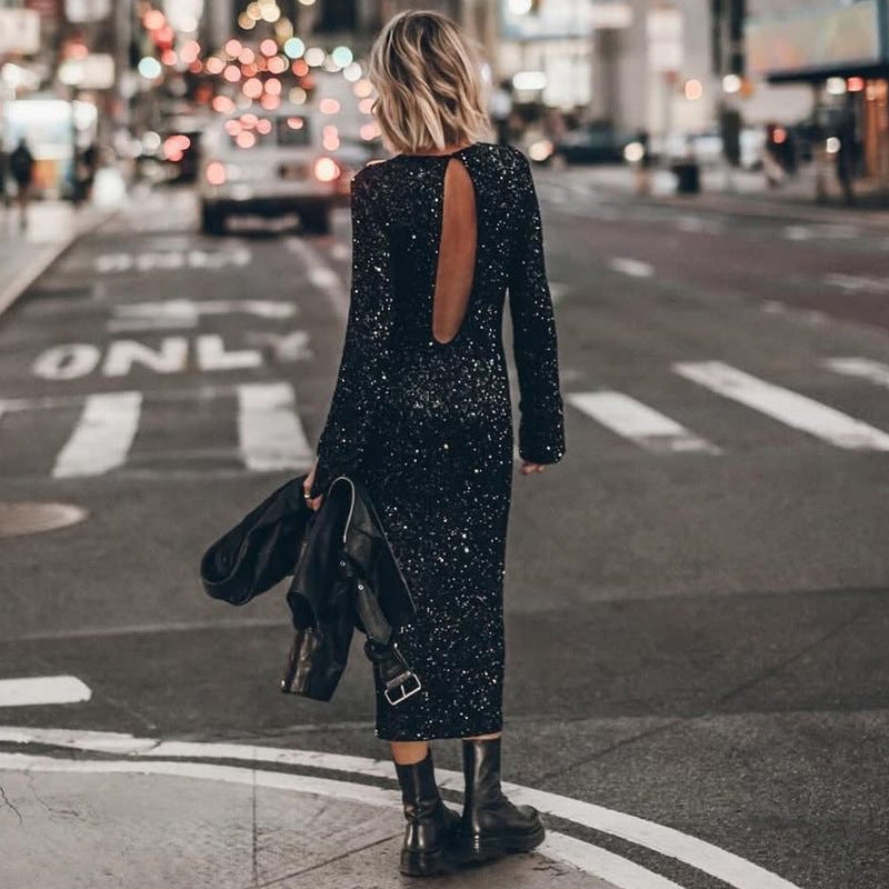 Damen Glitzerndes Midikleid mit elegantem Rundhalsausschnitt und figurschmeichelndem Schnitt Drune