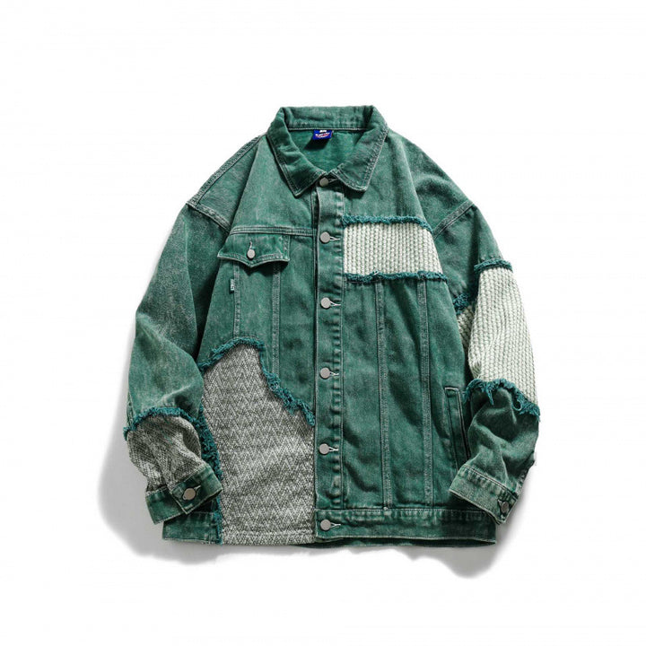 Unisex Oversize Jeansjacke mit Patchwork-Strickeinsätzen und Used-Optik Drune