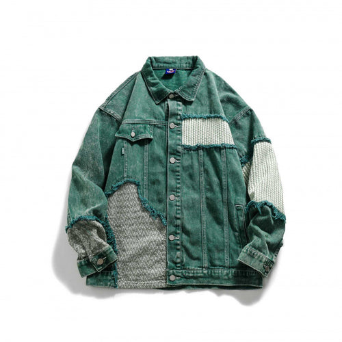 Unisex Oversize Jeansjacke mit Patchwork-Strickeinsätzen und Used-Optik Drune