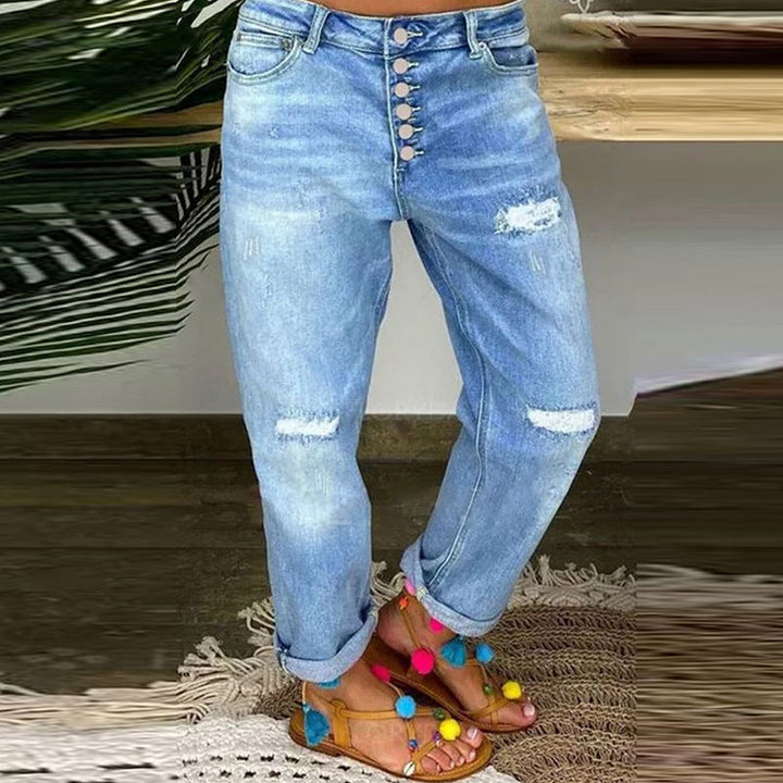 Damen Boyfriend Jeans mit Knopfleiste und distressed Effekten Drune