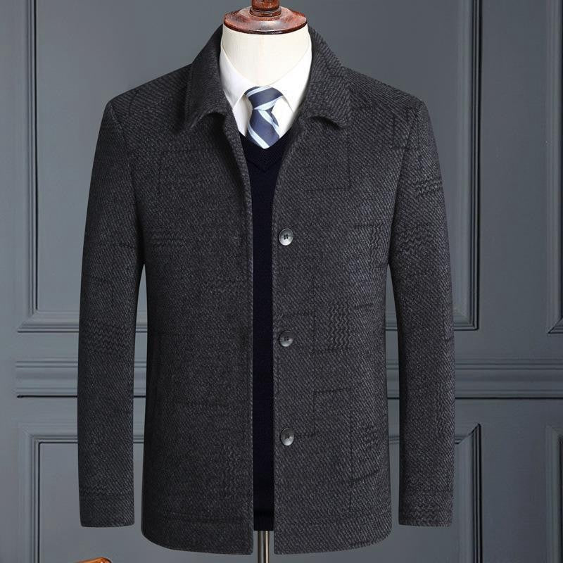 Herren eleganter Wollmix-Mantel mit strukturierter Weboptik und Knopfleiste Drune