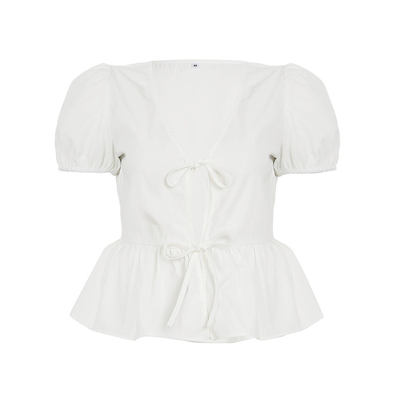 Damen Wickeloberteil mit Puffärmeln und femininem Peplum-Saum Drune