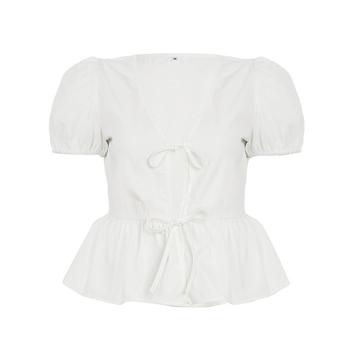 Damen Wickeloberteil mit Puffärmeln und femininem Peplum-Saum Drune
