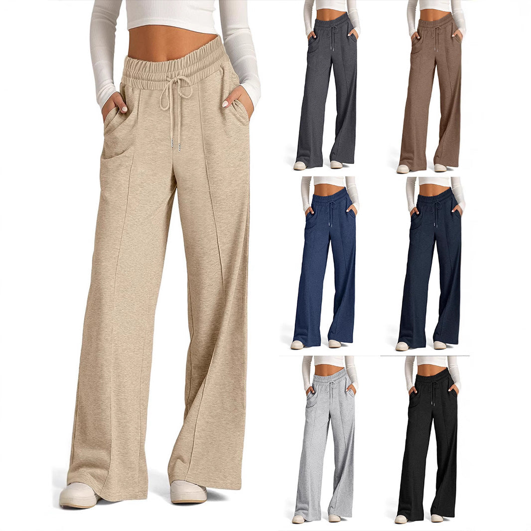 Damen High-Rise Weite Beinhose mit Kordelzug, seitlichen Taschen und vorderer Naht Drune