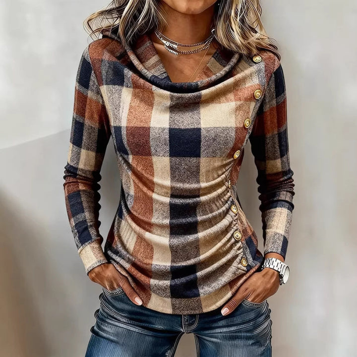 Damen Kariertes Langarm-Feinstrickshirt mit Wasserfallkragen und Zierknopfleiste Drune