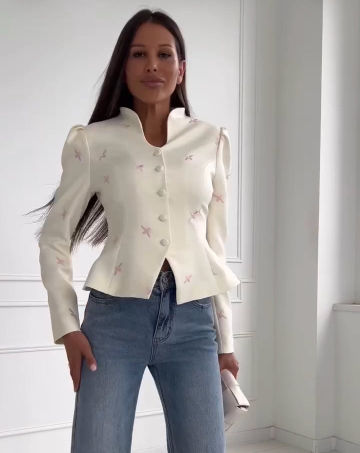 Damen Taillierter Peplum‑Blazer mit geschwungenem Stehkragen und Puffschulter‑Details Drune