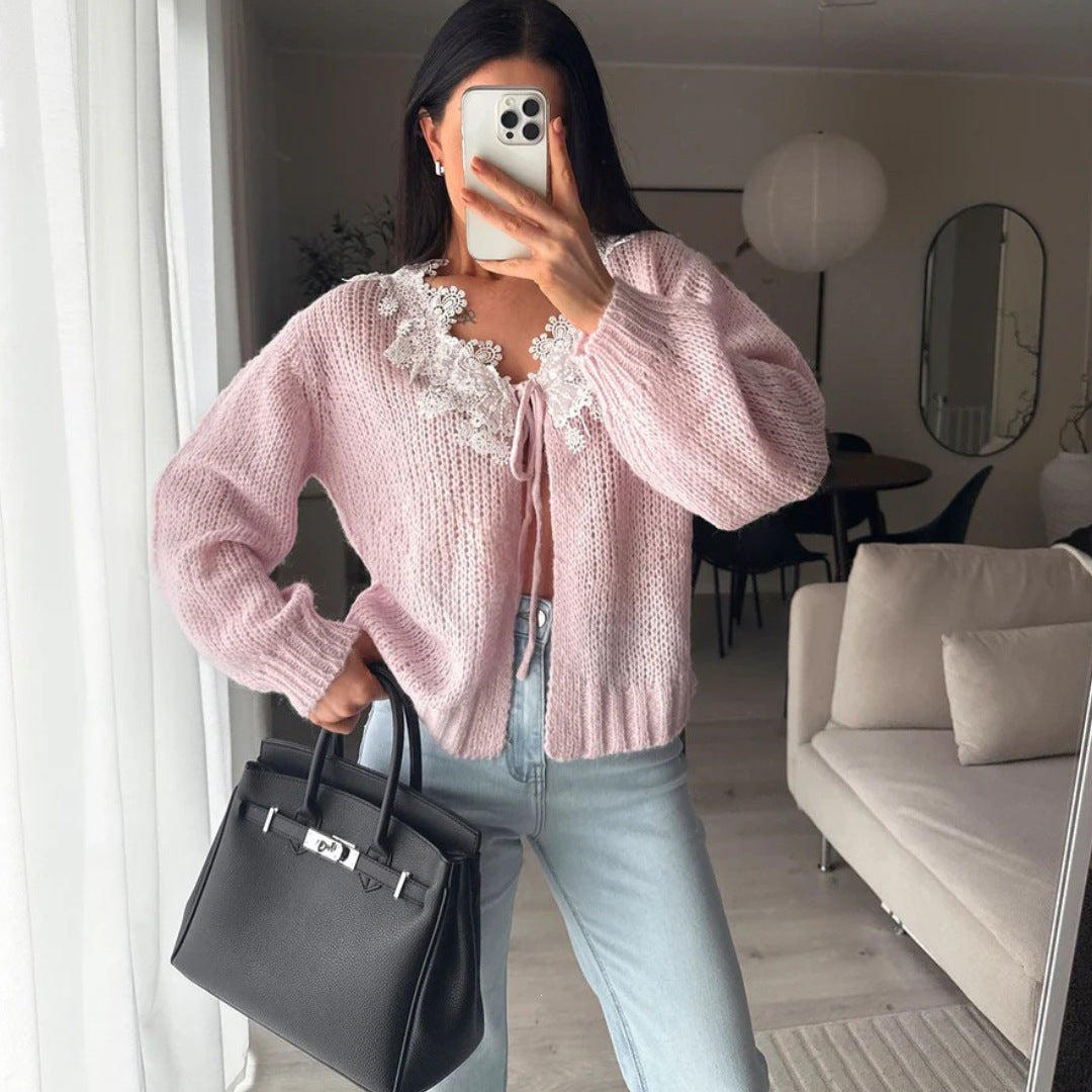 Damen Kuscheliger Mohair-Cardigan mit Zierblumen-Applikationen Drune