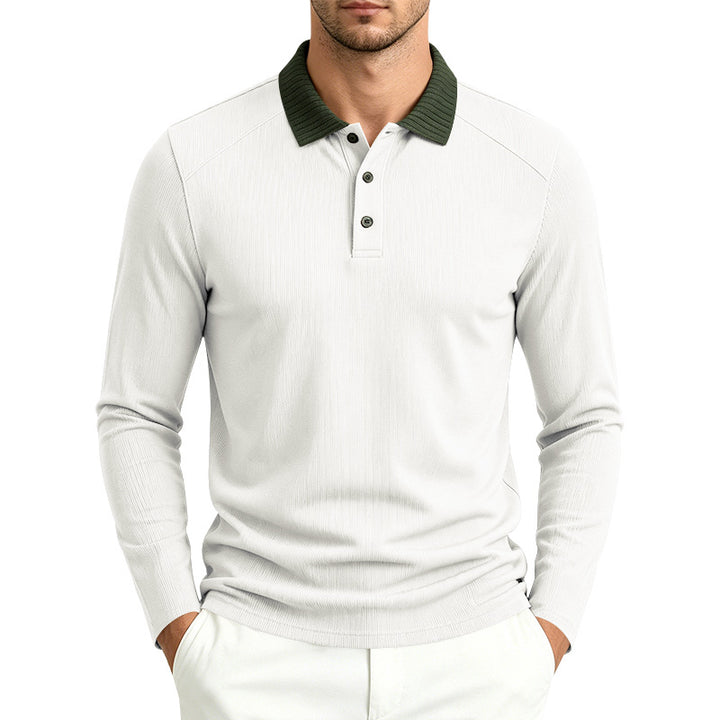 Herren Langarm-Poloshirt mit gerippter Kontrastkragen und feiner Waffelstruktur Drune