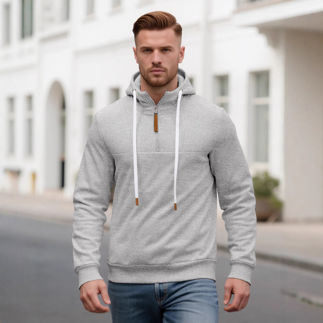 Herren Halbzip-Kapuzenpullover mit Stehkragen, Kordelzug und Lederdetails Drune