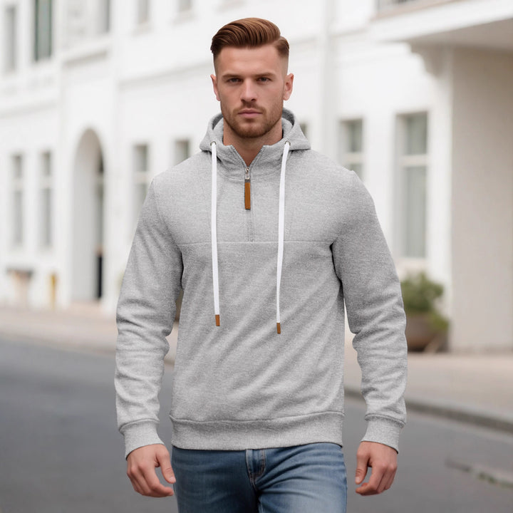Herren Halbzip-Kapuzenpullover mit Stehkragen, Kordelzug und Lederdetails Drune